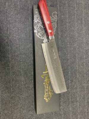 Kunio Masutani Damaszkusz vörös pakkafa markolat kalapált Nakiri VG-10 165 mm